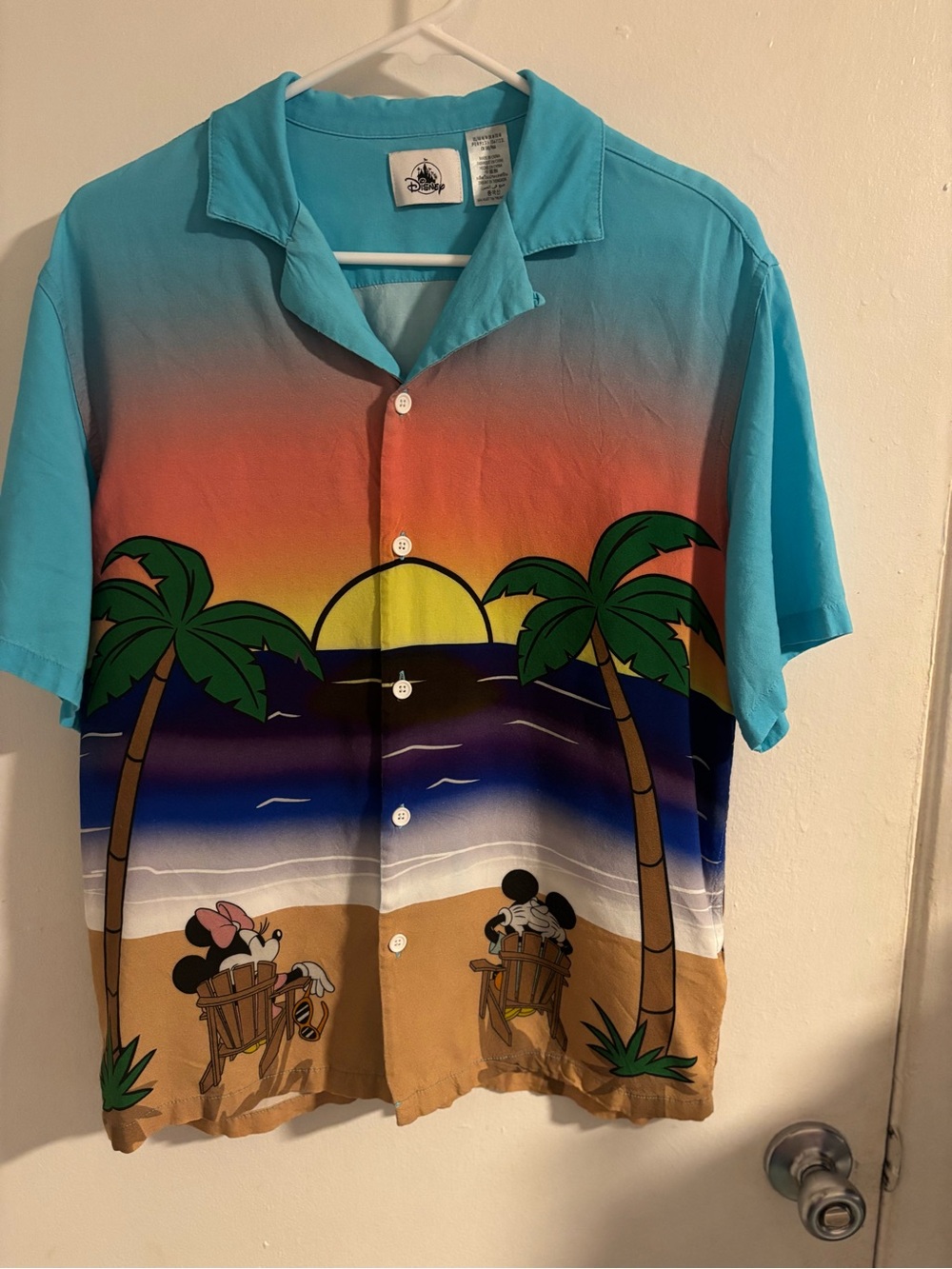 Disney Mickey Minnie Tropical Sunset Hawaiian Shirt Men's M Beach Button Up